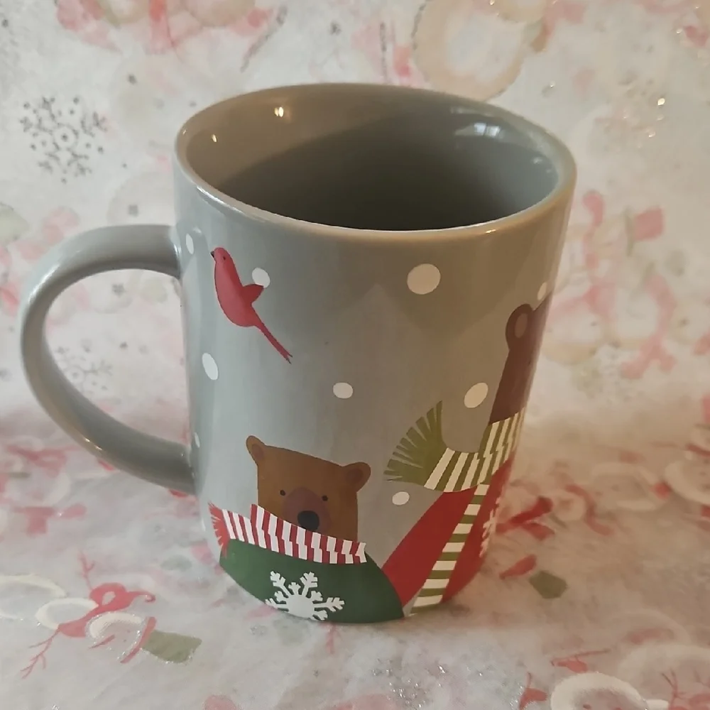 Gray Mug with Red and Green Bear Design From Crate & Barrel